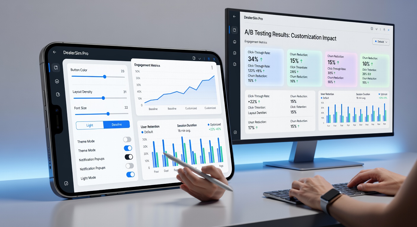 Analytics dashboard showing engagement metrics and interface customization data from mobile dealer simulations
