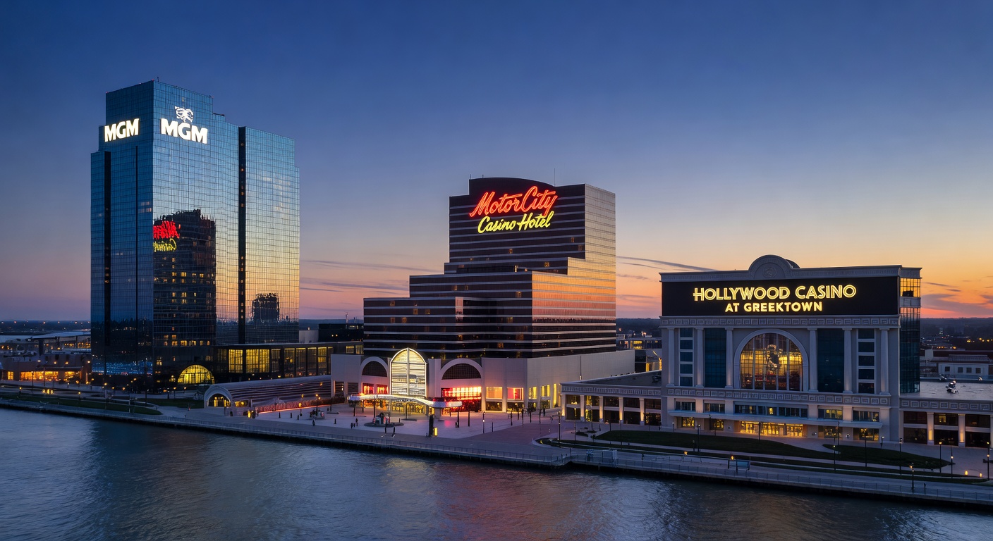 Vibrant casino floor scene showing rows of slot machines, blackjack tables, and patrons engaged in games at one of Detroit's major venues