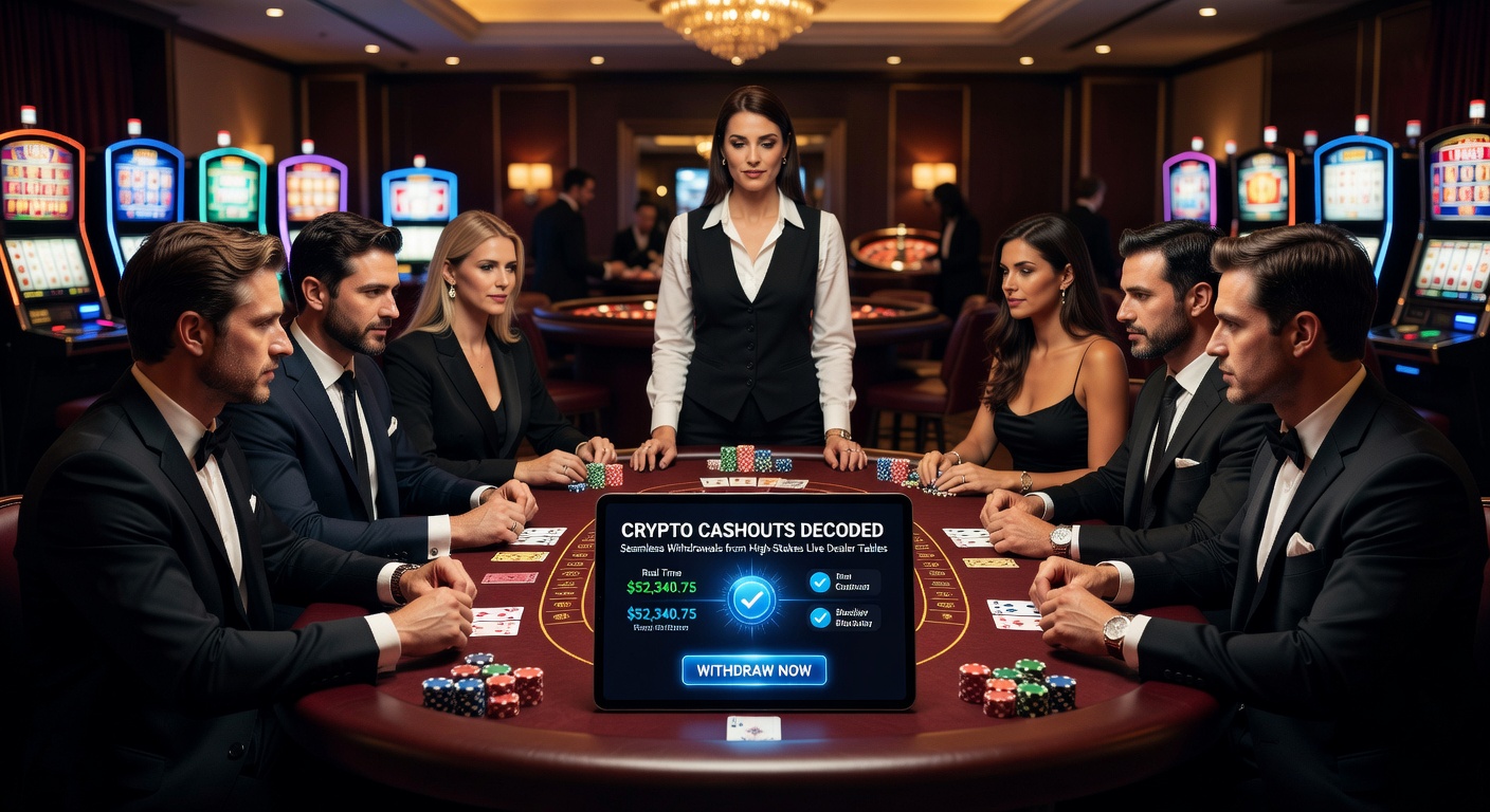 High-stakes live dealer blackjack table with cryptocurrency icons overlay showing withdrawal process