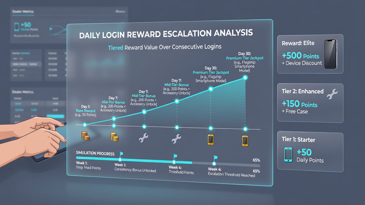 Mobile app dashboard displaying escalating reward tiers and login streak progress for dealer simulation games