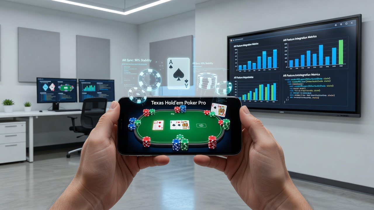 Player using augmented reality features during a smartphone poker session with virtual table elements