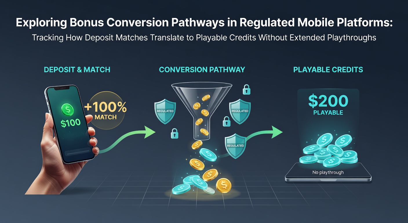 Mobile casino app interface displaying deposit match bonus conversion into playable credits on a regulated platform