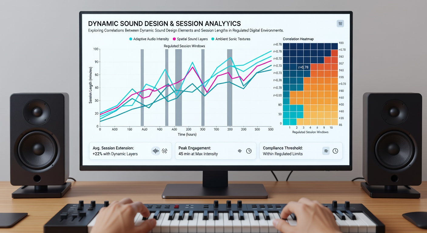 Analytics dashboard displaying sound design variations alongside average session duration charts from regulated table game platforms