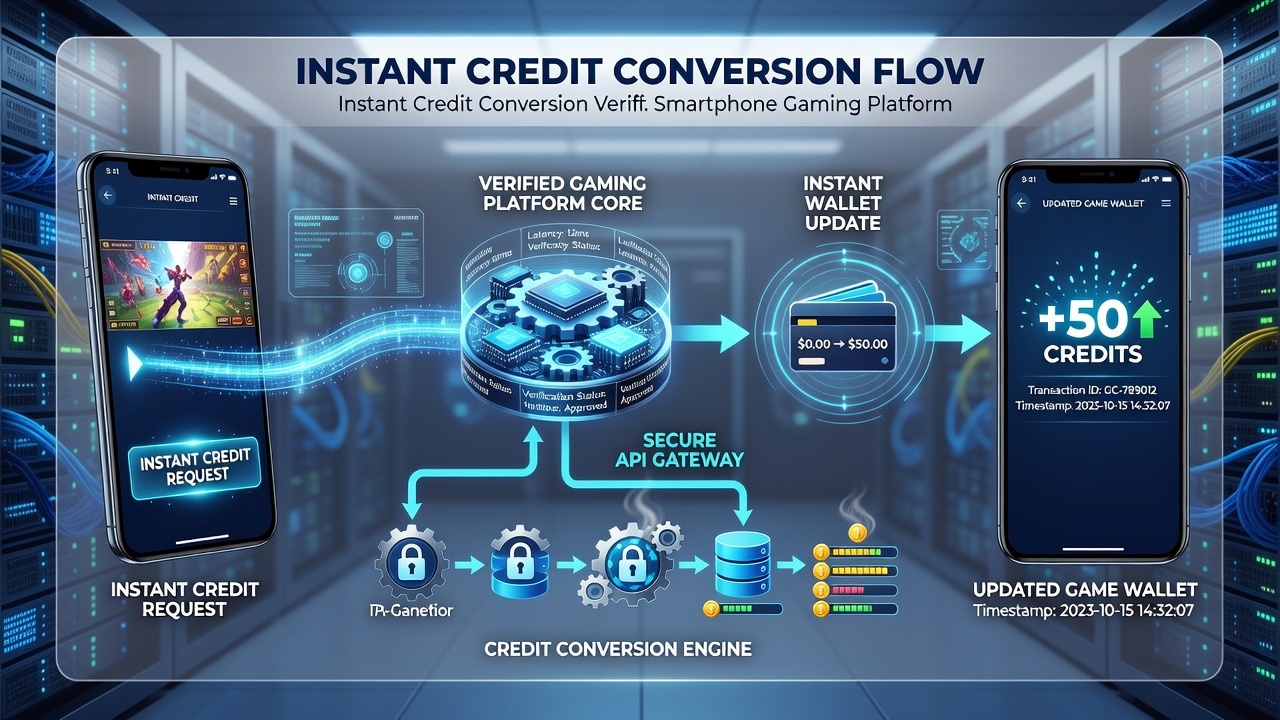 Close-up of smartphone interface showing credit conversion confirmation in a verified gaming app