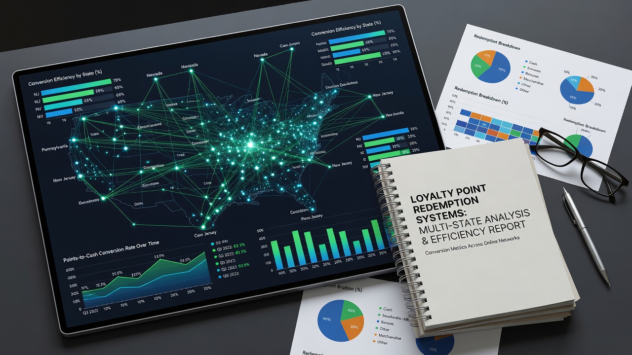 Multi-state online gambling network dashboard showing loyalty point balances and redemption options across different jurisdictions
