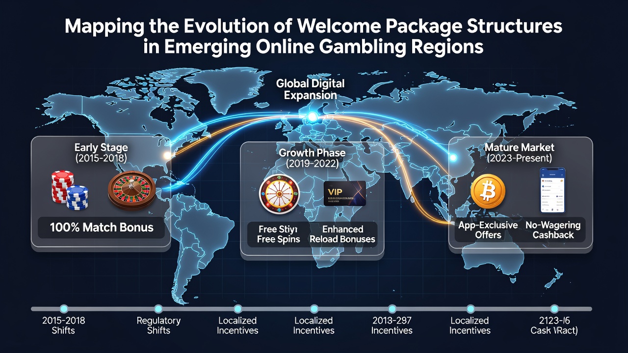 Historical progression of welcome package structures shown across emerging online gambling regions with charts and regional maps