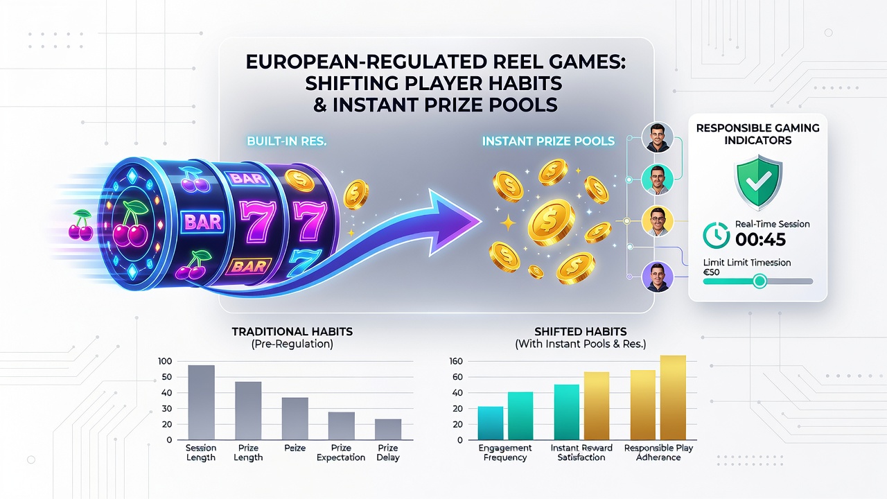 Infographic showing player interaction data with instant prize pools and responsible gaming tools in regulated European slots