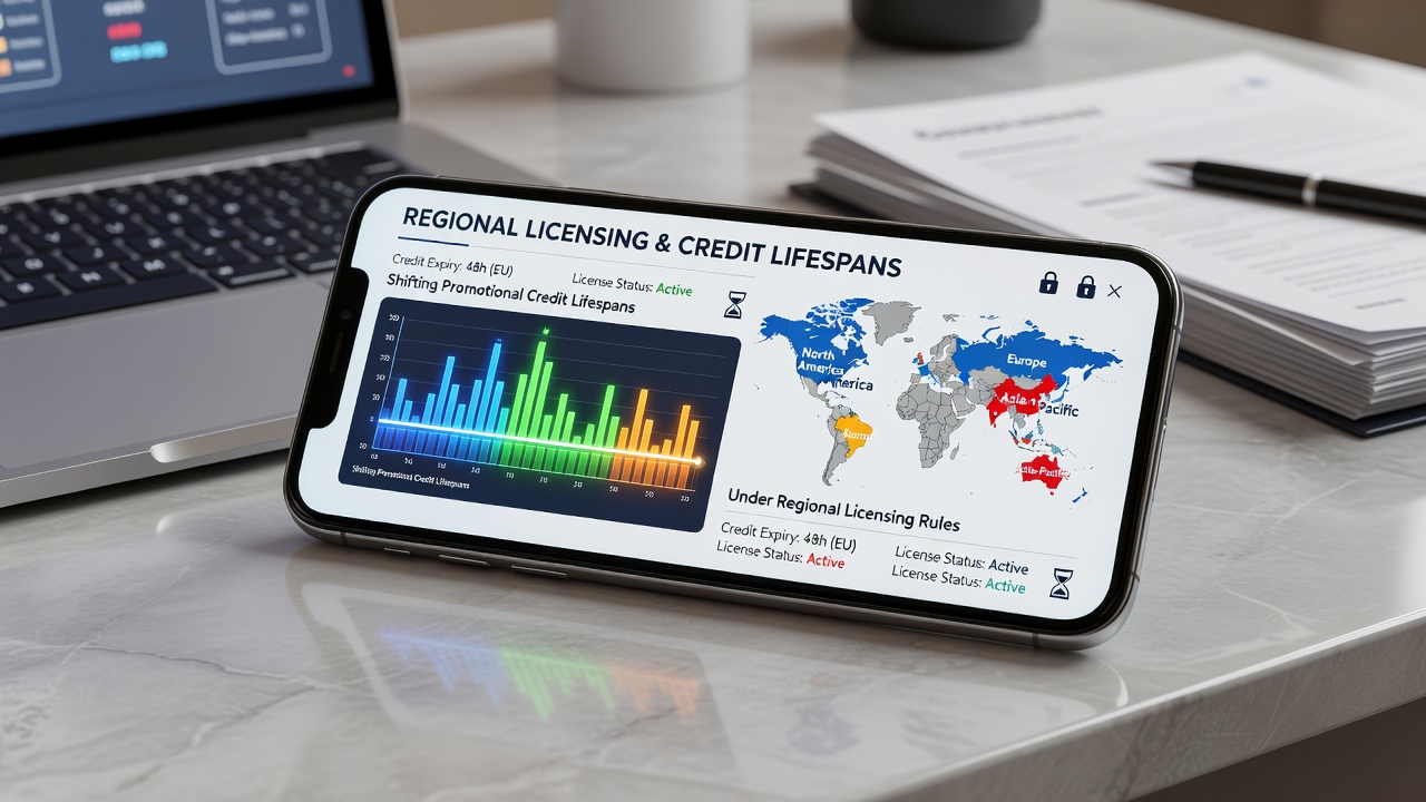 Mobile casino app screen showing regional licensing indicators and credit validity timers