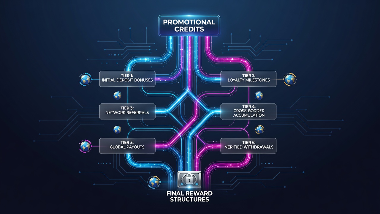 Diagram showing layered reward tiers and credit allocation paths across international betting platforms