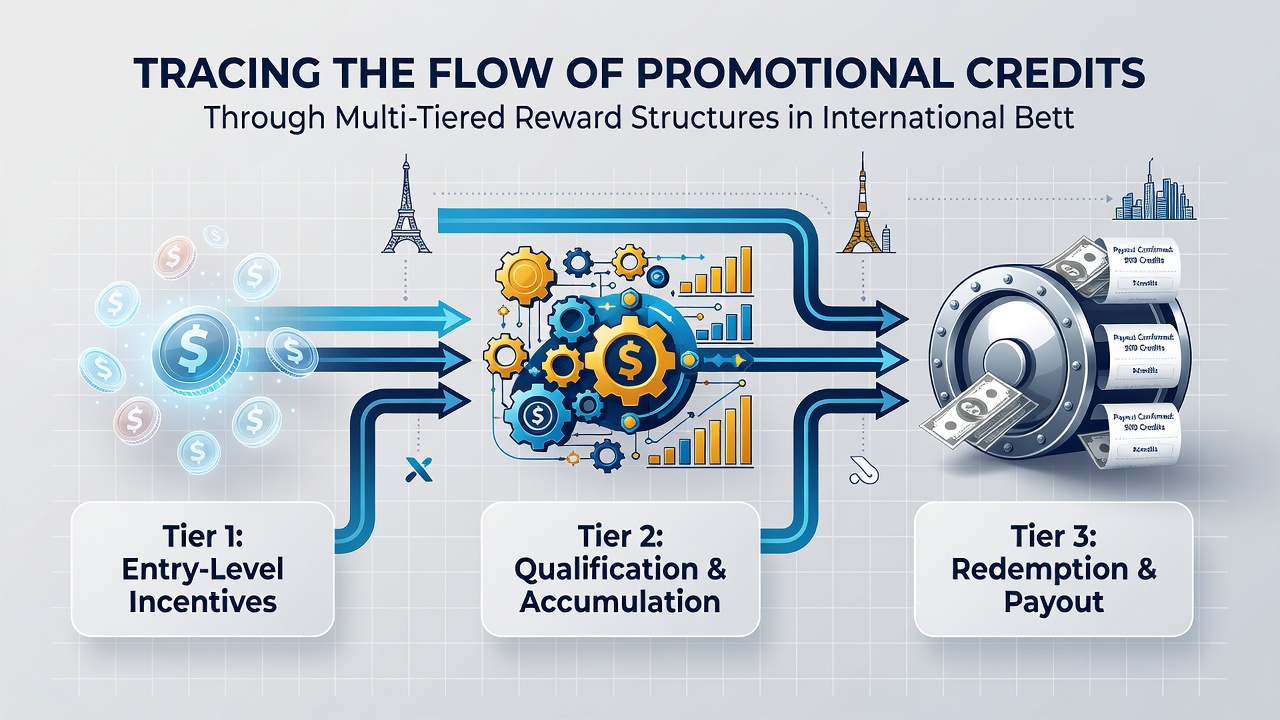 Flowchart depicting credit movement between reward tiers in global betting networks