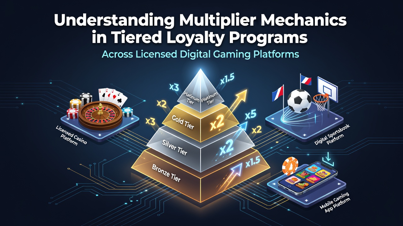 Digital gaming interface showing tiered loyalty program dashboard with multiplier indicators