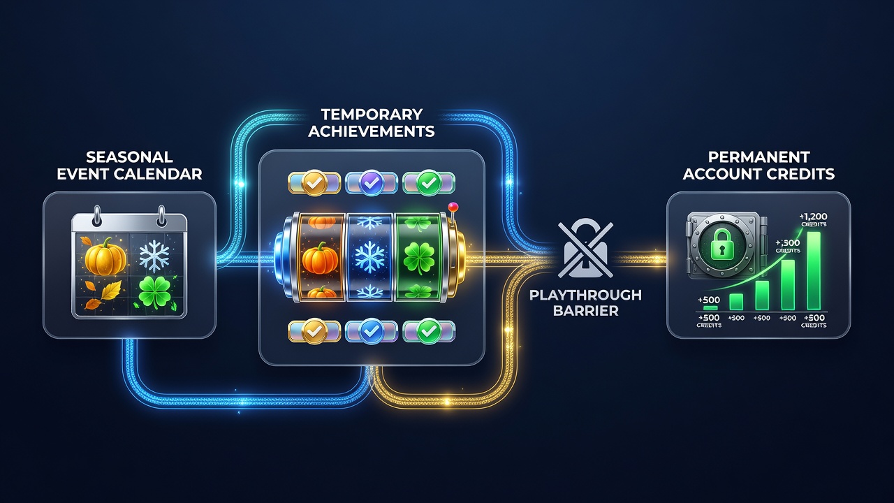 Digital slot interface showing seasonal event calendar with achievement tracking and credit conversion indicators