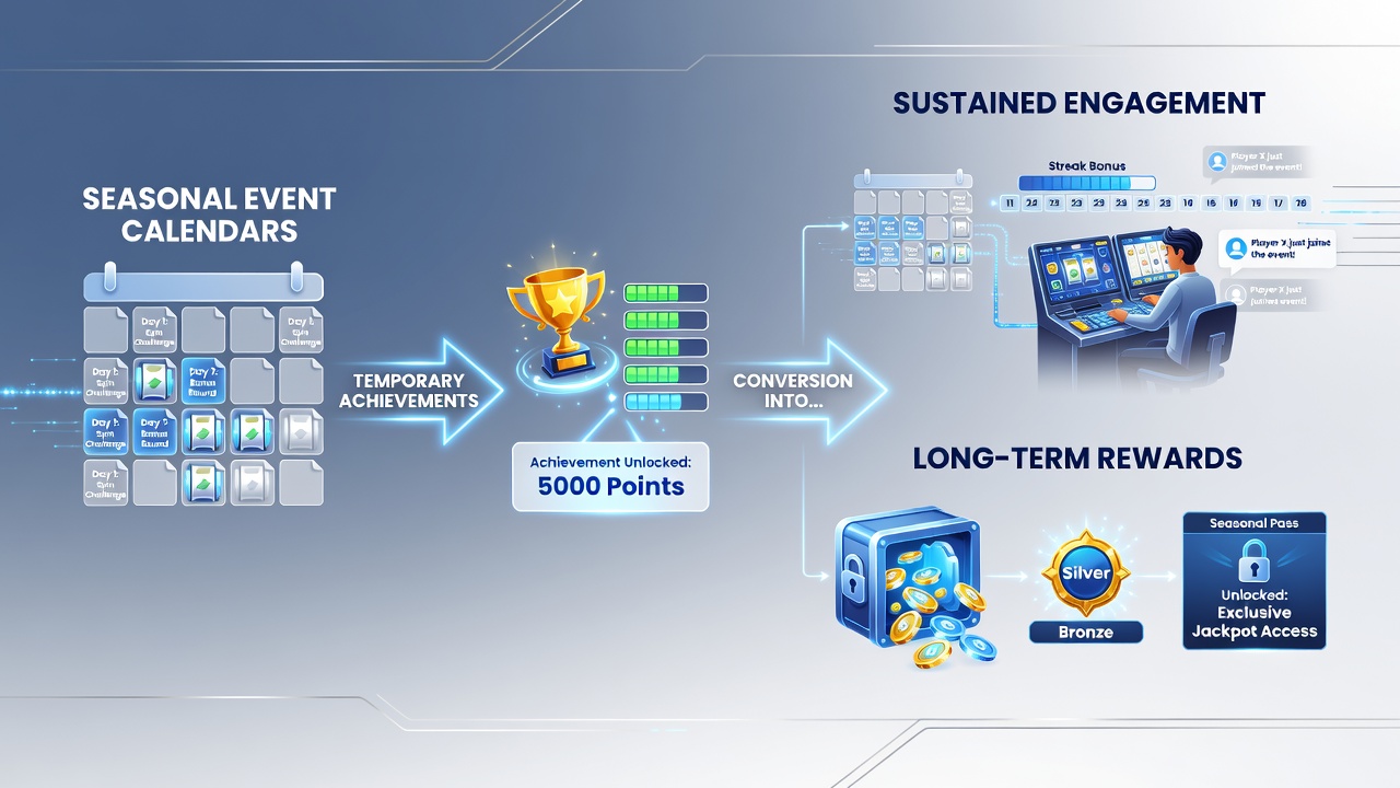 Flowchart diagram illustrating temporary achievement markers converting to permanent account credits in slot platforms